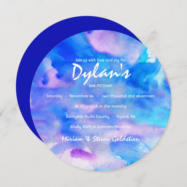 CONVITE DE BAT MITZVAH 'AZUL ÁGUA TINTA Aquarela (Frente/Verso)