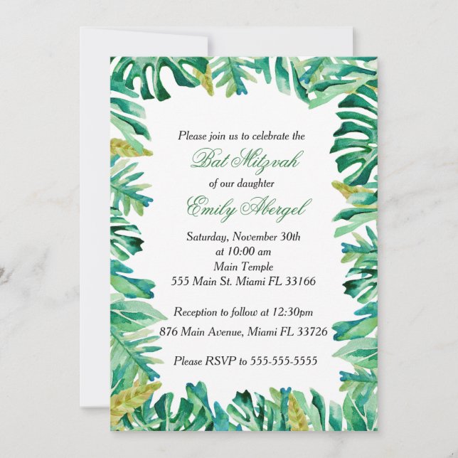 Convite de Bat Mitzvah Botânico Tropical (Frente)