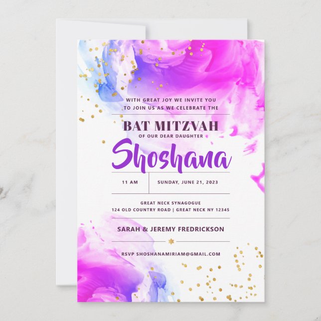 Convite de Bat Mitzvah com Aquarela e Glitter (Frente)