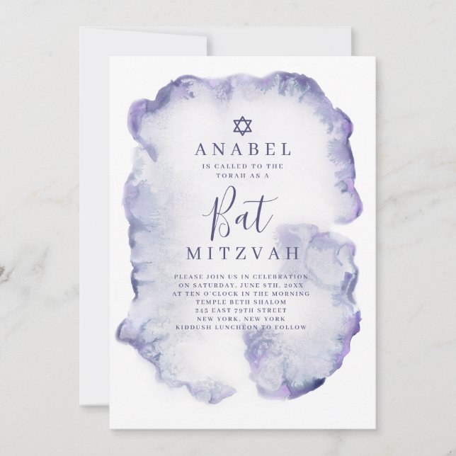 Convite de Bat Mitzvah com Aquarela Roxa (Frente)