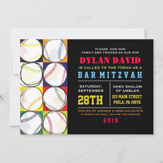 Convite De Bat Mitzvah Com Bar De Basebol Retroati (Frente)
