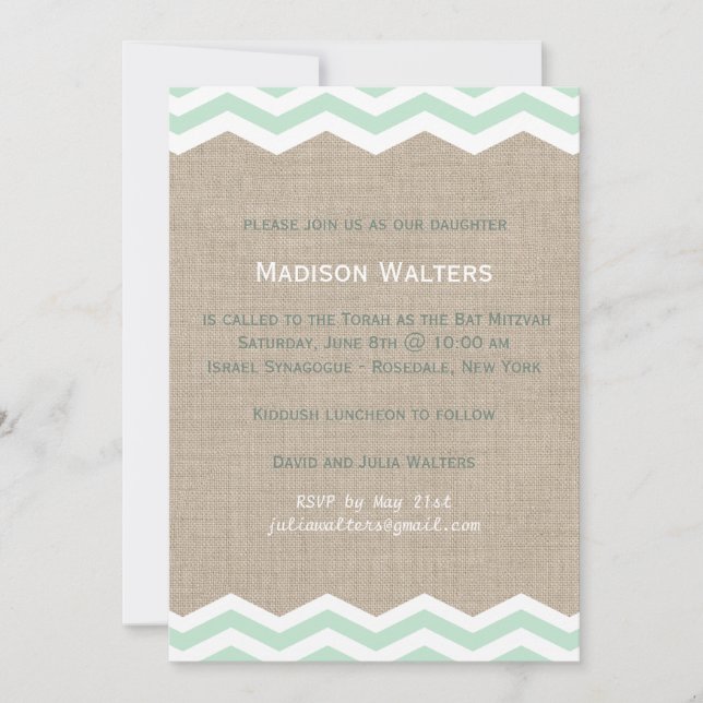 Convite de Bat Mitzvah com Chevron Menta em Fundo  (Frente)