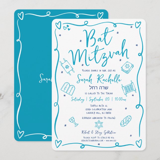 Convite de Bat Mitzvah com Desenhos à Mão em Azul  (Frente/Verso)