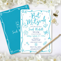 Convite de Bat Mitzvah com Desenhos à Mão em Azul