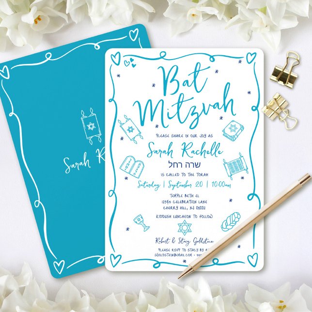 Convite de Bat Mitzvah com Desenhos à Mão em Azul  (Criador carregado)