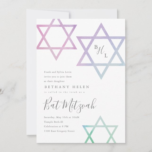 Convite de Bat Mitzvah com Estrela de David em aqu (Frente)