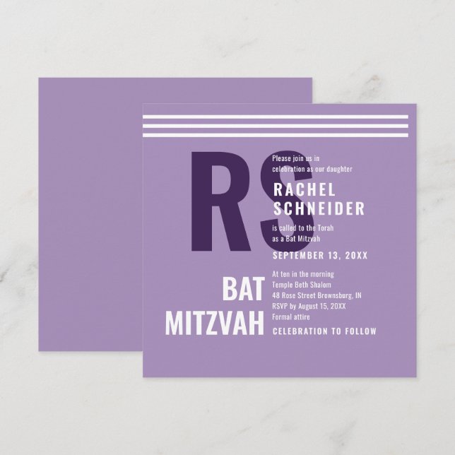 Convite de Bat Mitzvah com Monograma Moderno (Frente/Verso)