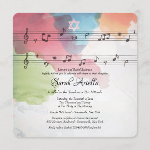 Convite de Bat Mitzvah com Notas Musicais em Aquar