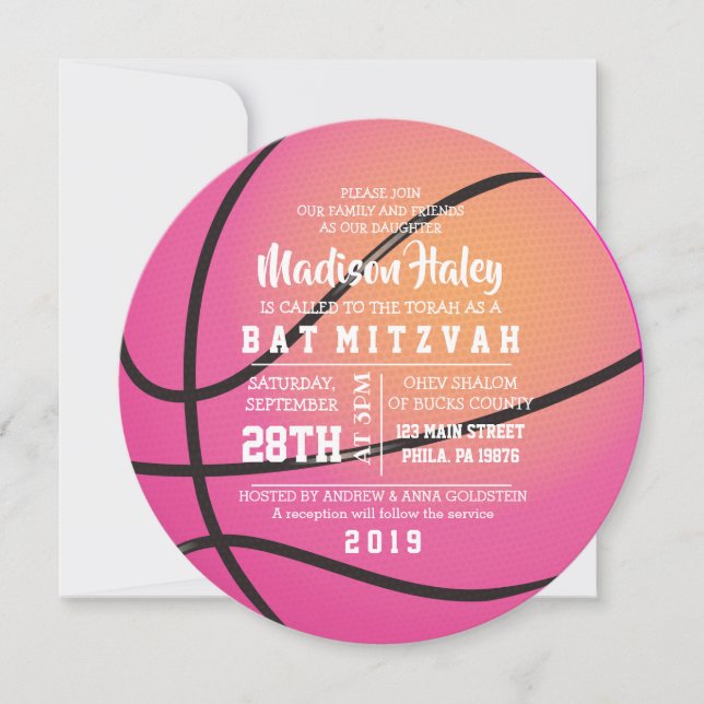 Convite de Bat Mitzvah de BASKETBALL ROSA (Frente)