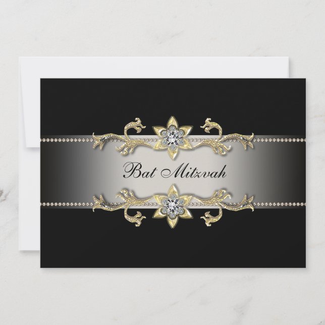 Convite de Bat Mitzvah de Diamante Preto Elegante  (Frente)