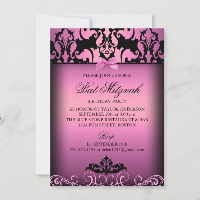 Convite de Bat Mitzvah de festa com Elegância Rosa (Frente)