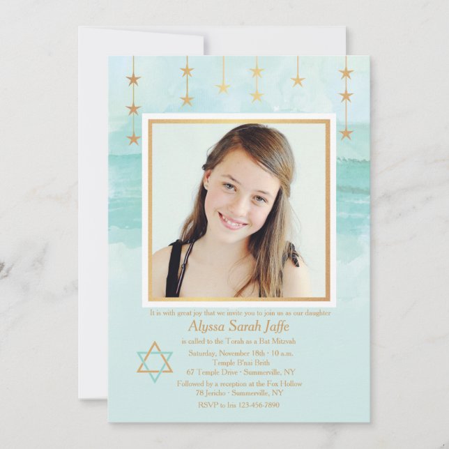 Convite De Bat Mitzvah De Fotos Em Estrela Brilhan (Frente)