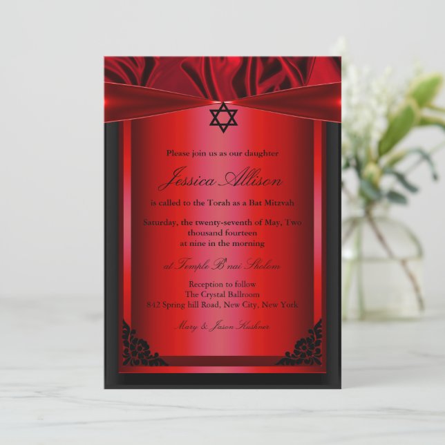Convite de bat mitzvah de Seda Vermelha e Preta (Em pé/Frente)