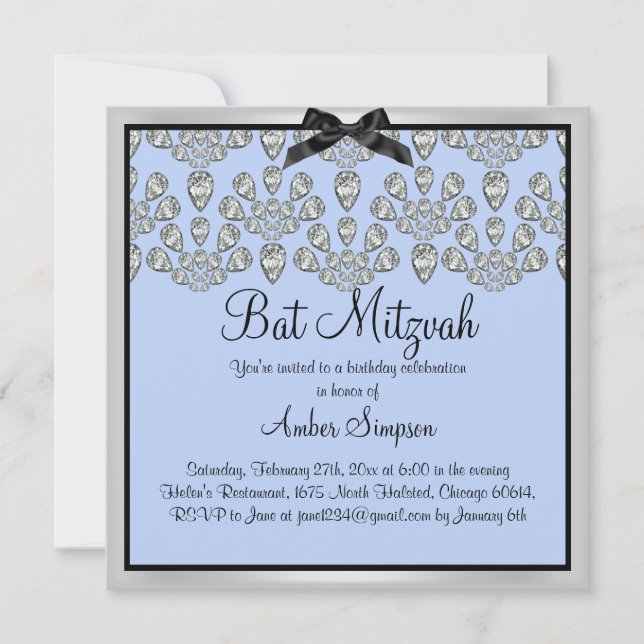 Convite de Bat Mitzvah Diamantes Prata/Azul para S (Frente)