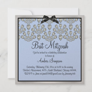 Convite de Bat Mitzvah Diamantes Prata/Azul para S