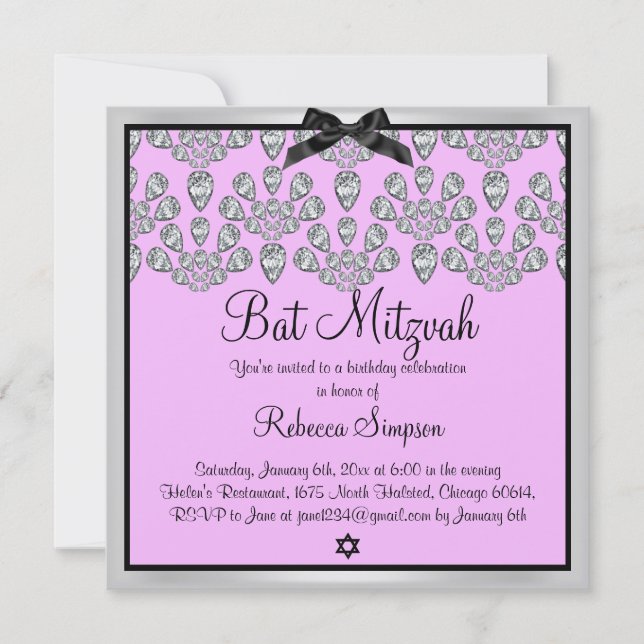 Convite de Bat Mitzvah Diamantes Prata e Rosa para (Frente)