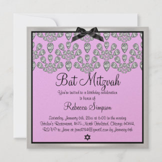 Convite de Bat Mitzvah Diamantes Prata e Rosa para