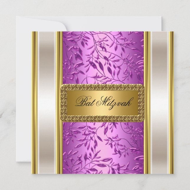 Convite de Bat Mitzvah Dourado e Roxo Art Déco com (Frente)