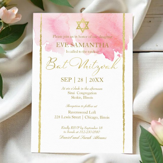 Convite de Bat Mitzvah em Aquarela | Rosa Abstrato (Criador carregado)
