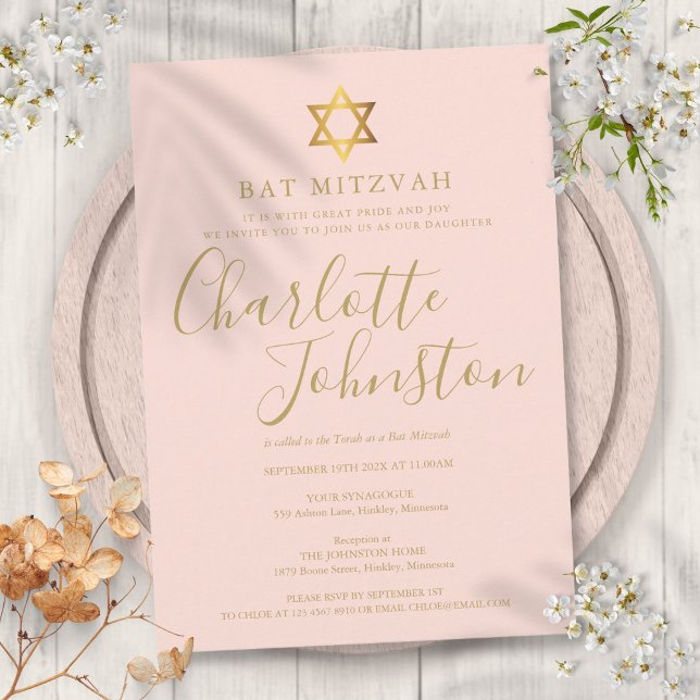 Convite de Bat Mitzvah em Rosa Corado com Dourado  (Bat Mitzvah Blush Pink Gold Script Invitation)