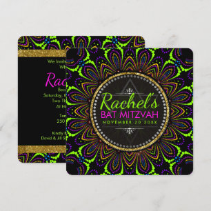 Convite de Bat Mitzvah Flor de Mandala Neon Groovy