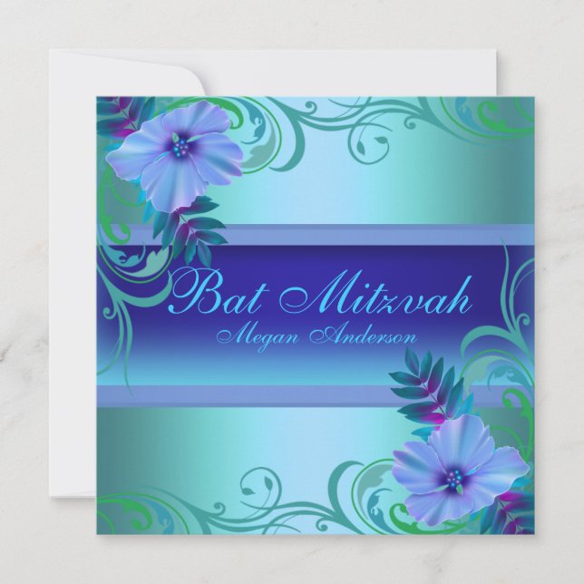 Convite de Bat Mitzvah Flor Vibrante Azul (Frente)