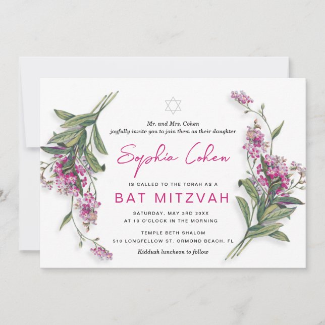 Convite de Bat Mitzvah Floral Botânico (Frente)