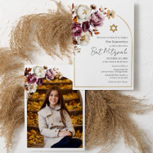 Convite de Bat Mitzvah Floral de Outono Borgonha F
