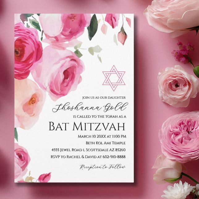 Convite de Bat Mitzvah Floral Moderno Rosa (Criador carregado)