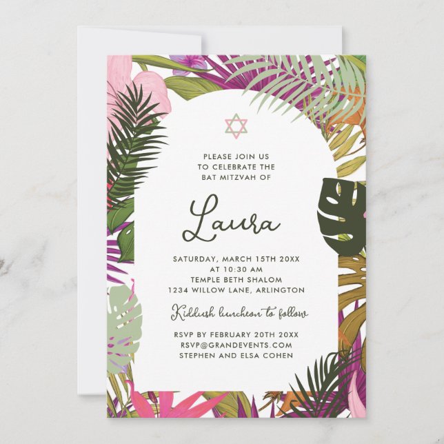 Convite de Bat Mitzvah Floral Tropical (Frente)