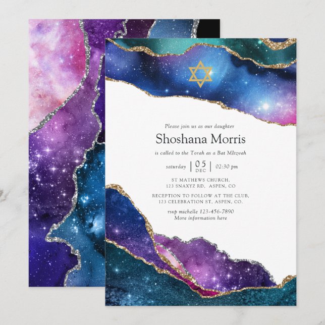 Convite de Bat Mitzvah Galaxy Ágata (Frente/Verso)