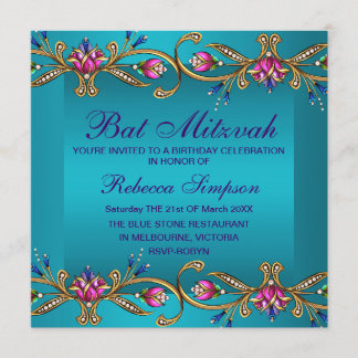 Convite de Bat Mitzvah Jóia Floral Azul Elegante