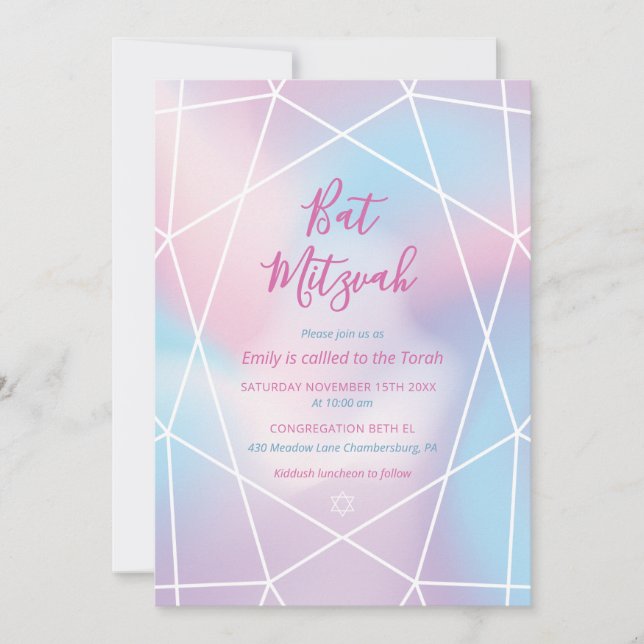 Convite de Bat Mitzvah Joia Pastel (Frente)