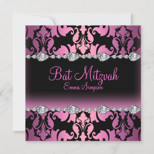 Convite de Bat Mitzvah Pink & Black Damask & Diamo