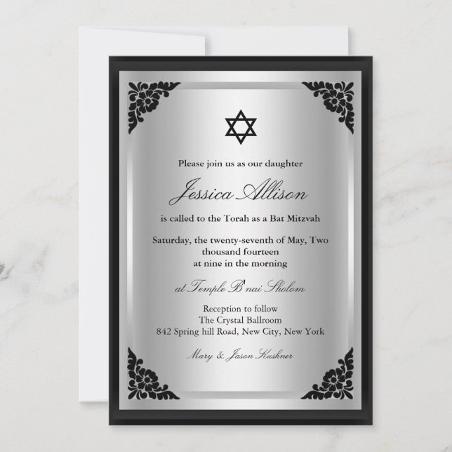 Convite de bat mitzvah preto e prata elegante (Frente)
