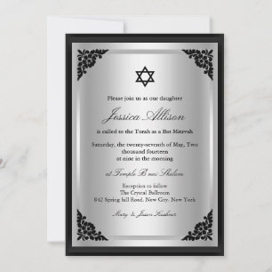 Convite de bat mitzvah preto e prata elegante