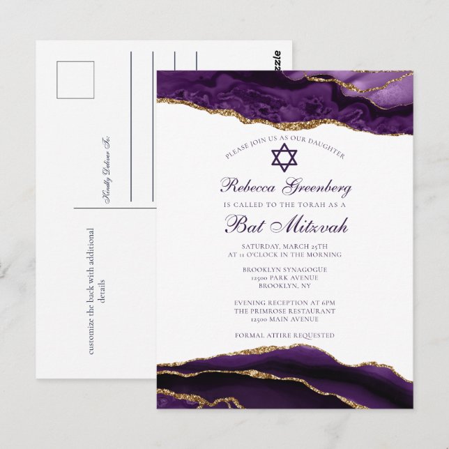 Convite de Bat Mitzvah Roxo Dourado Elegante (Frente/Verso)