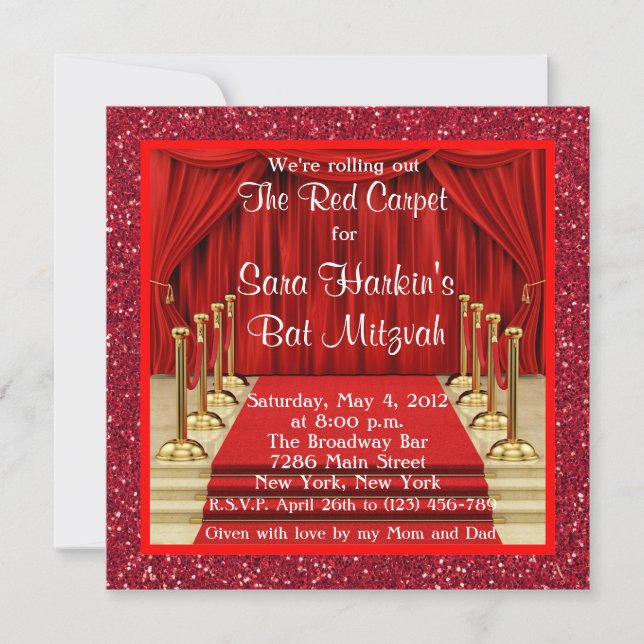 Convite de Bat Mitzvah Tapete Vermelho Brilhante H (Frente)