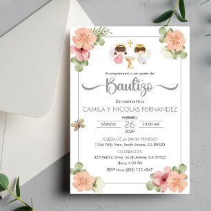 Convite de Batismo Anjos Gêmeos Fofo em Espanhol