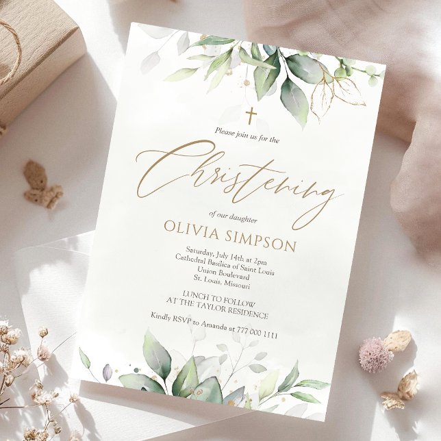 Convite de Batismo Aquarela Verde (Greenery Watercolor Christening Invitation Card)