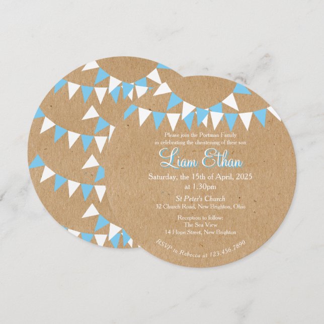 Convite de Batismo Azul Baby Bunting (Frente/Verso)