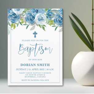 Convite de Batismo Blue Floral Boy