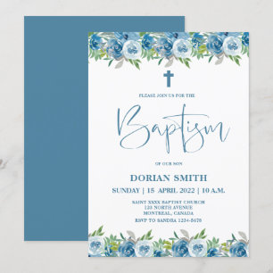 Convite de Batismo Blue Floral Boy