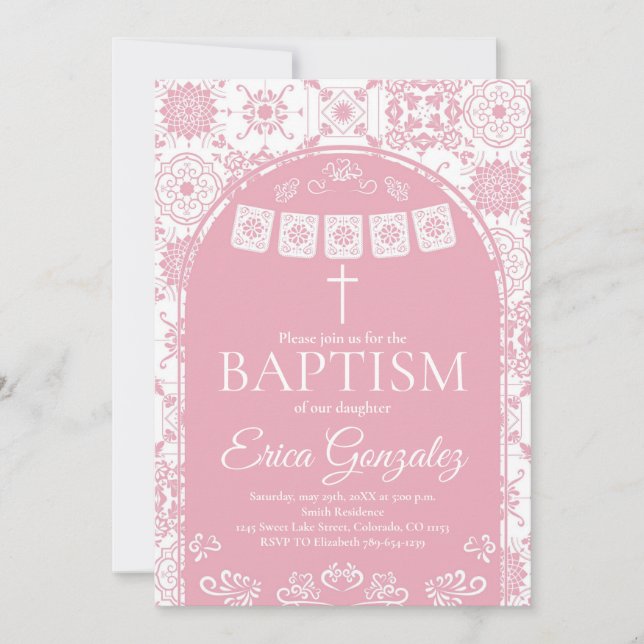 Convite de Batismo Blush Pink Papel Picado (Frente)
