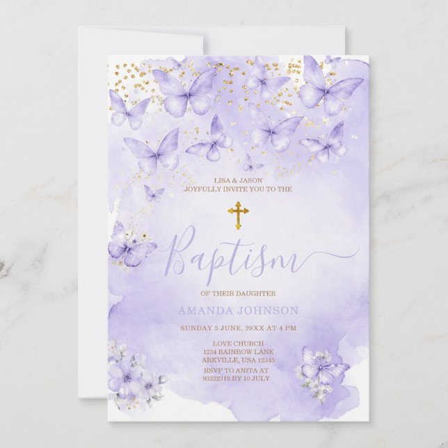 Convite de Batismo Borboleta Roxo Dourado Lavanda (Frente)