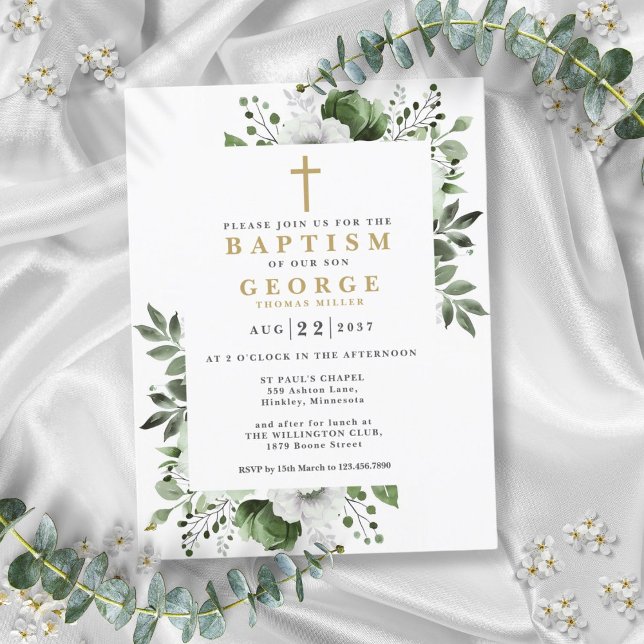 Convite de Batismo Botânico Moderno Verde Oliva (Olive Green Botanical Modern Baptism Invitation Postcard)