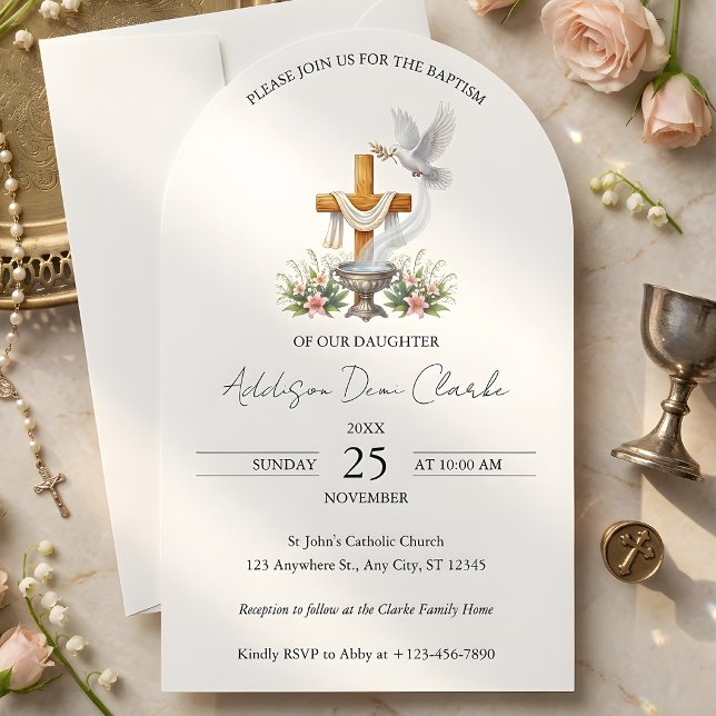 Convite de Batismo Católico do Arco Elegante (Elegant Arch Catholic Baptism Invitation)