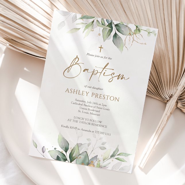 Convite de Batismo com Aguarela de Verde de Eucali (Eucalyptus Greenery Watercolor Baptism Invitation Card)