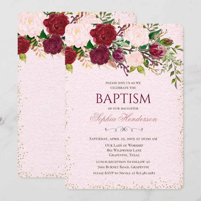 Convite de Batismo com Aquarela Floral (Frente/Verso)