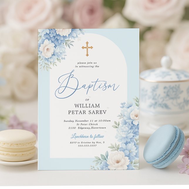 Convite de Batismo com Arco Floral Azul e Cruz Dou (Blue and gold floral baptism invite styled with tea set and macarons – elegant and soft)